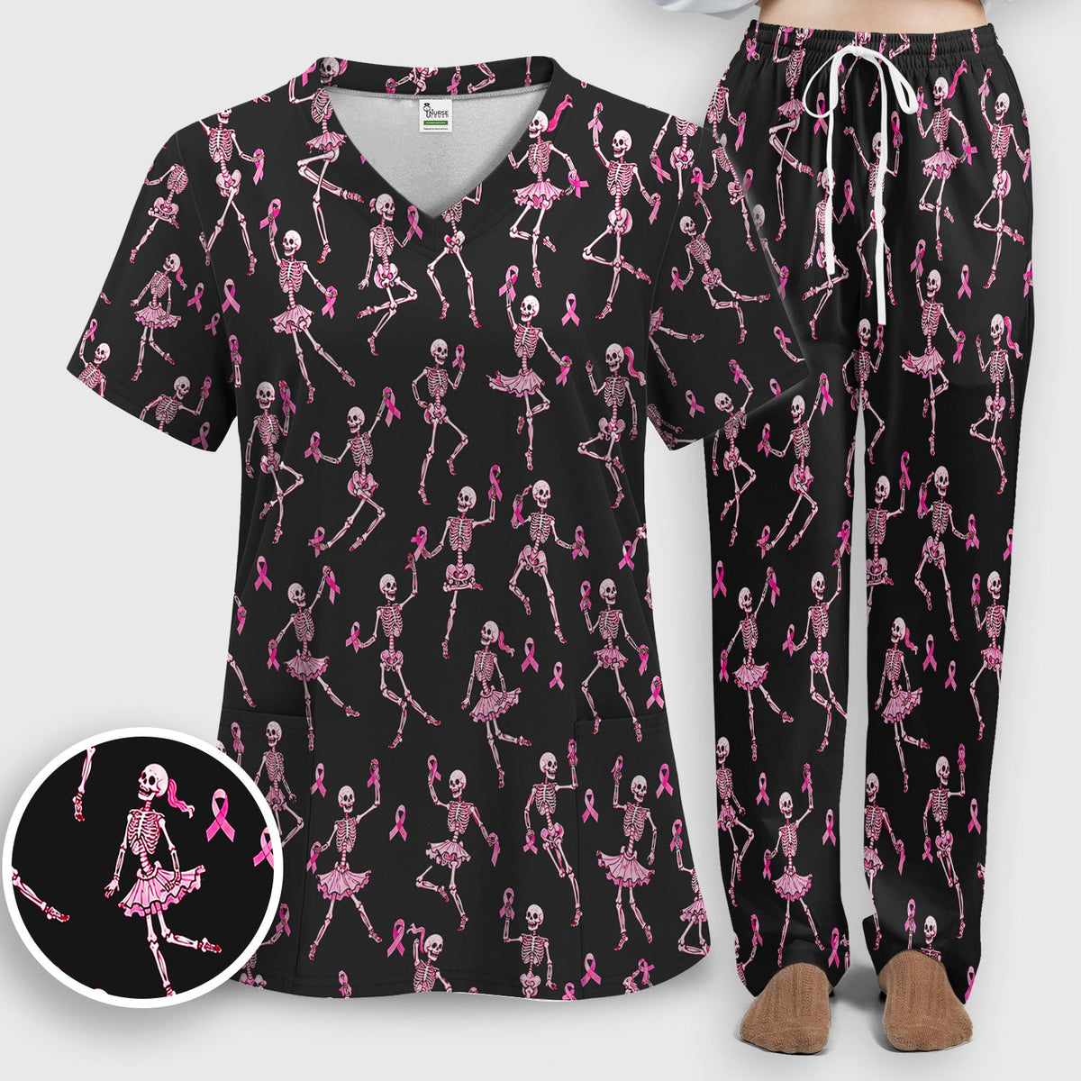 Breast Cancer Skeleton Nurse Scrub Set - Black Pink