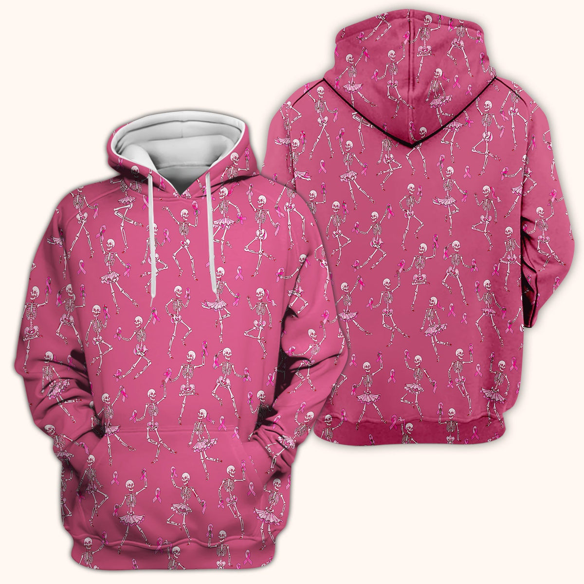 Breast Cancer Skeleton Nurse Scrub Top - Black Pink