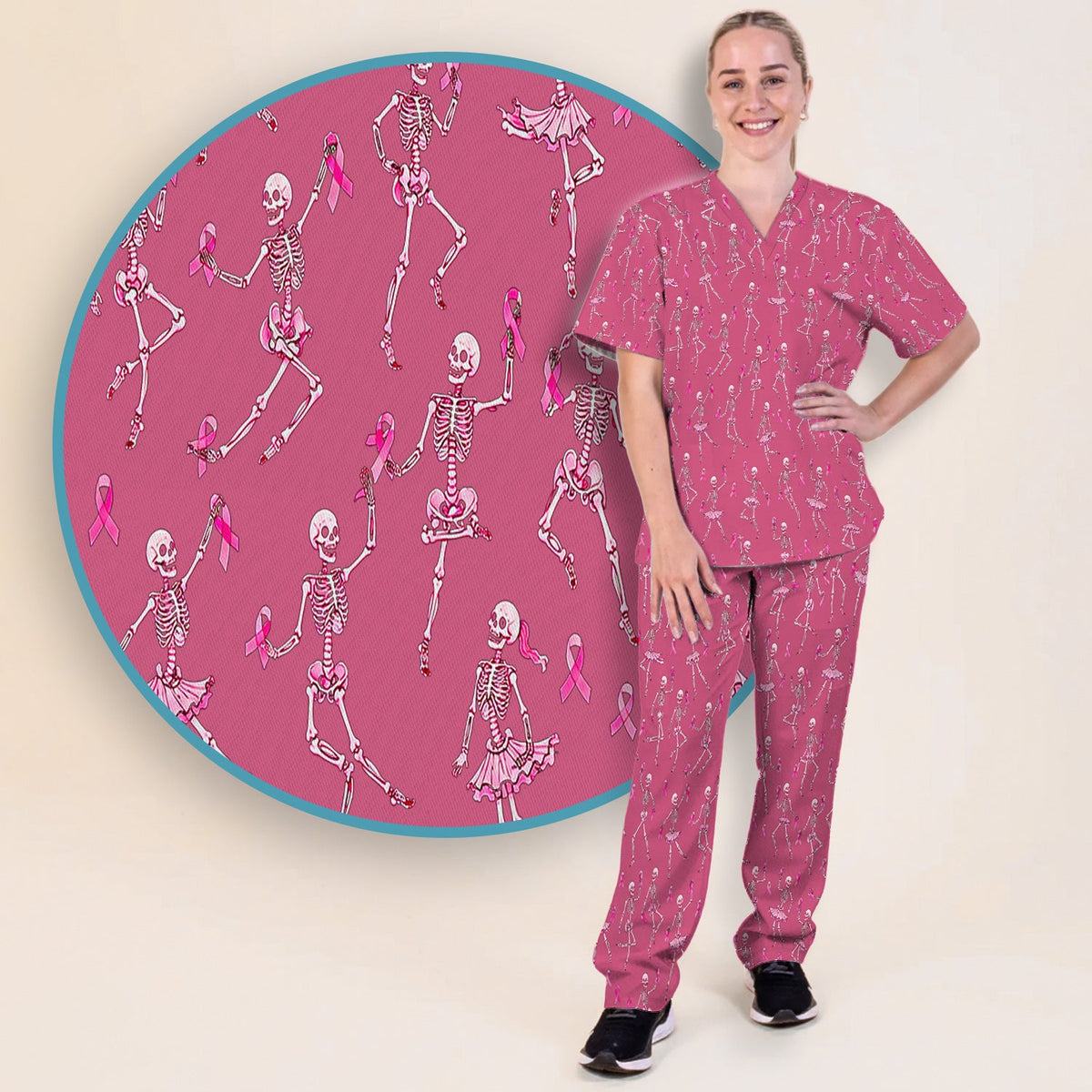 Breast Cancer Skeleton Nurse Scrub Set - Black Pink