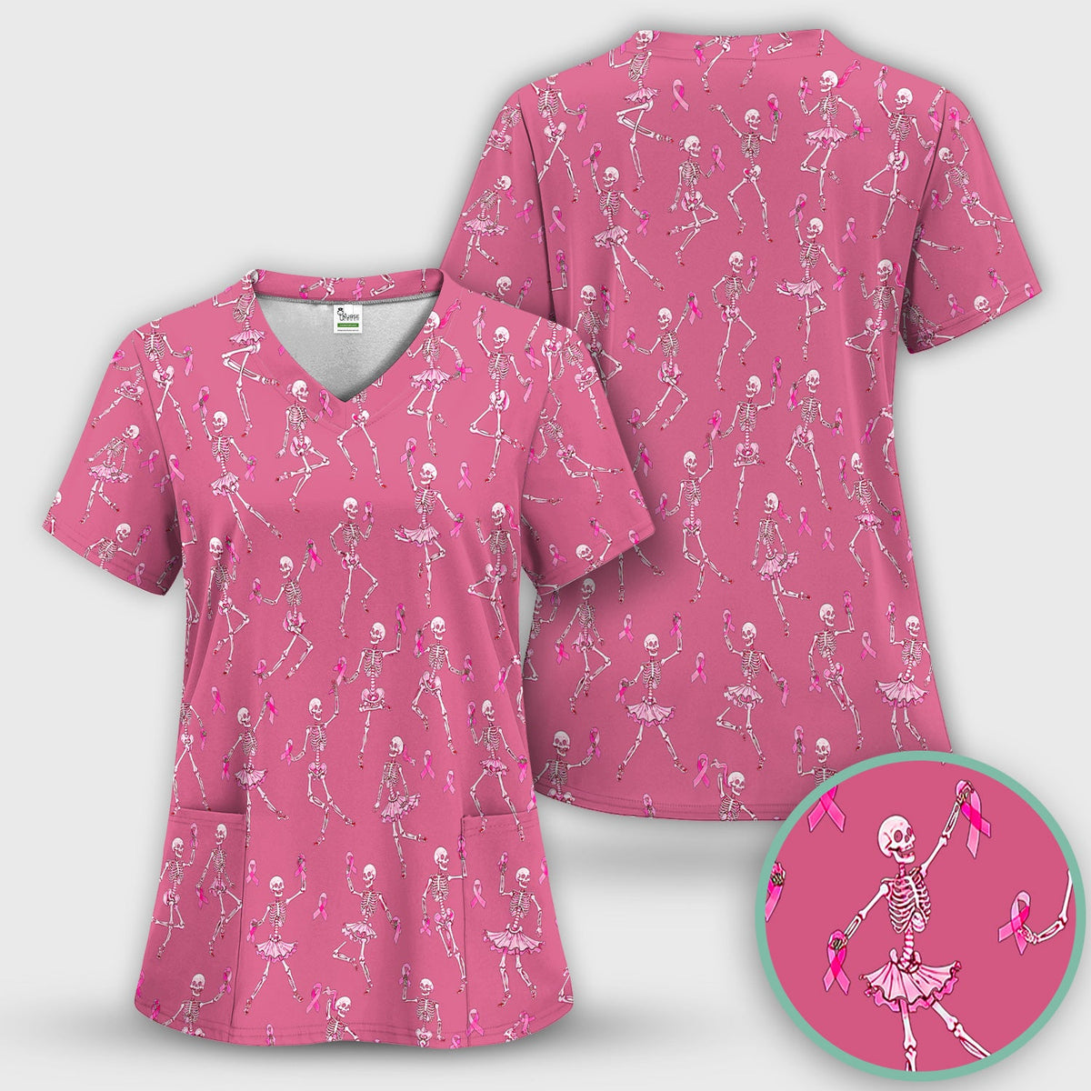 Breast Cancer Skeleton Nurse Scrub Set - Black Pink