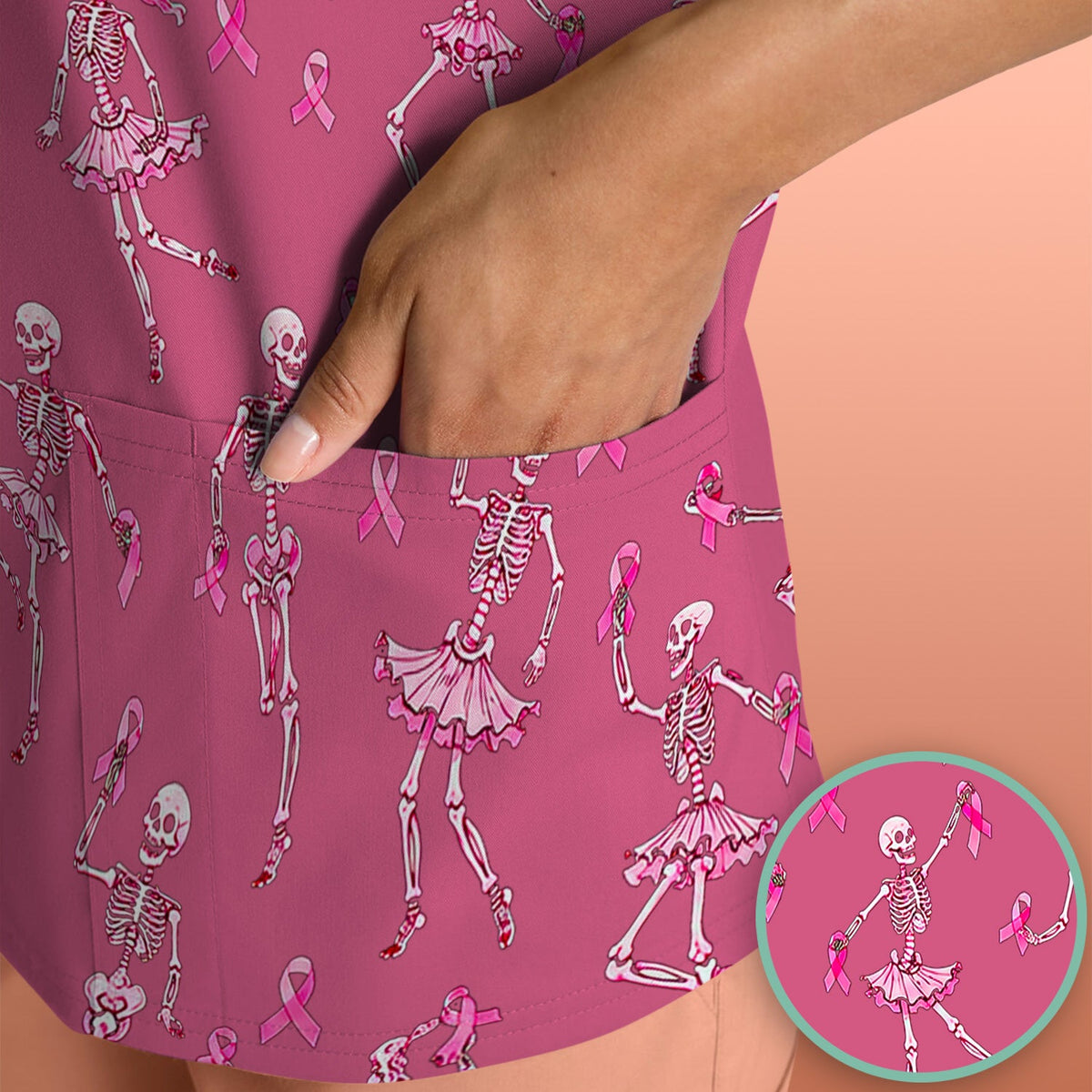 Breast Cancer Skeleton Nurse Scrub Top - Black Pink