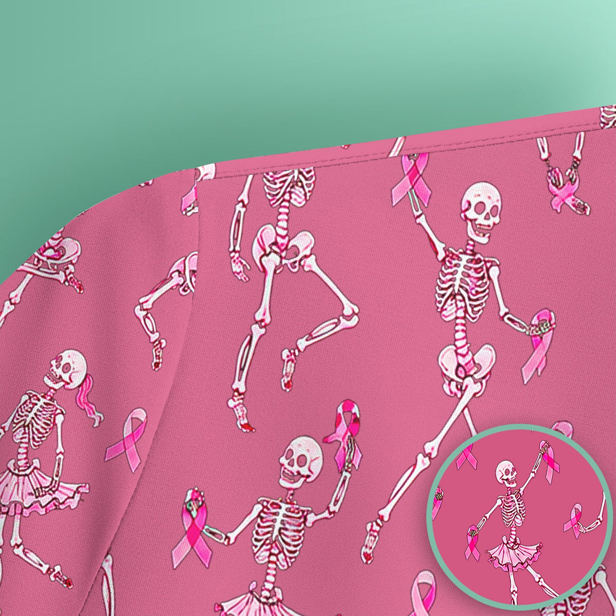 Breast Cancer Skeleton Nurse Scrub Top - Black Pink