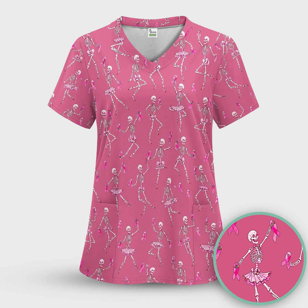 Breast Cancer Skeleton Nurse Scrub Set - Black Pink