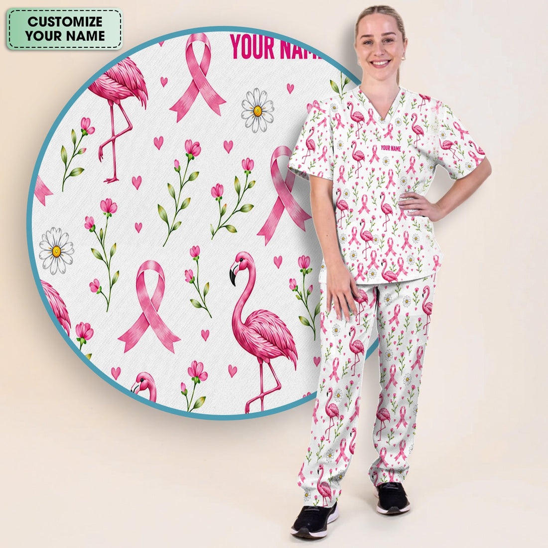 Personalized Flamingo Breast Cancer Nurse Scrub Set