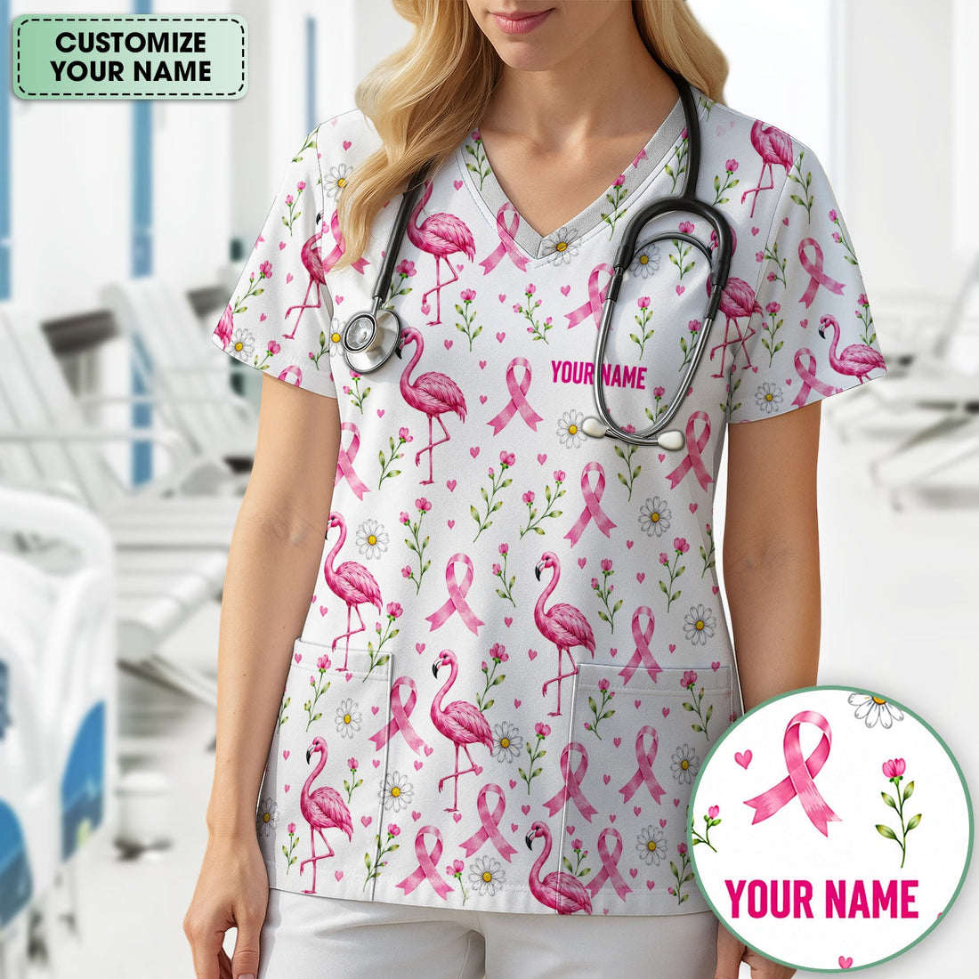 Personalized Flamingo Breast Cancer Nurse Scrub Top