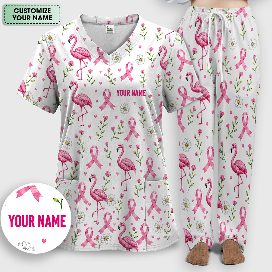 Personalized Flamingo Breast Cancer Nurse Scrub Set