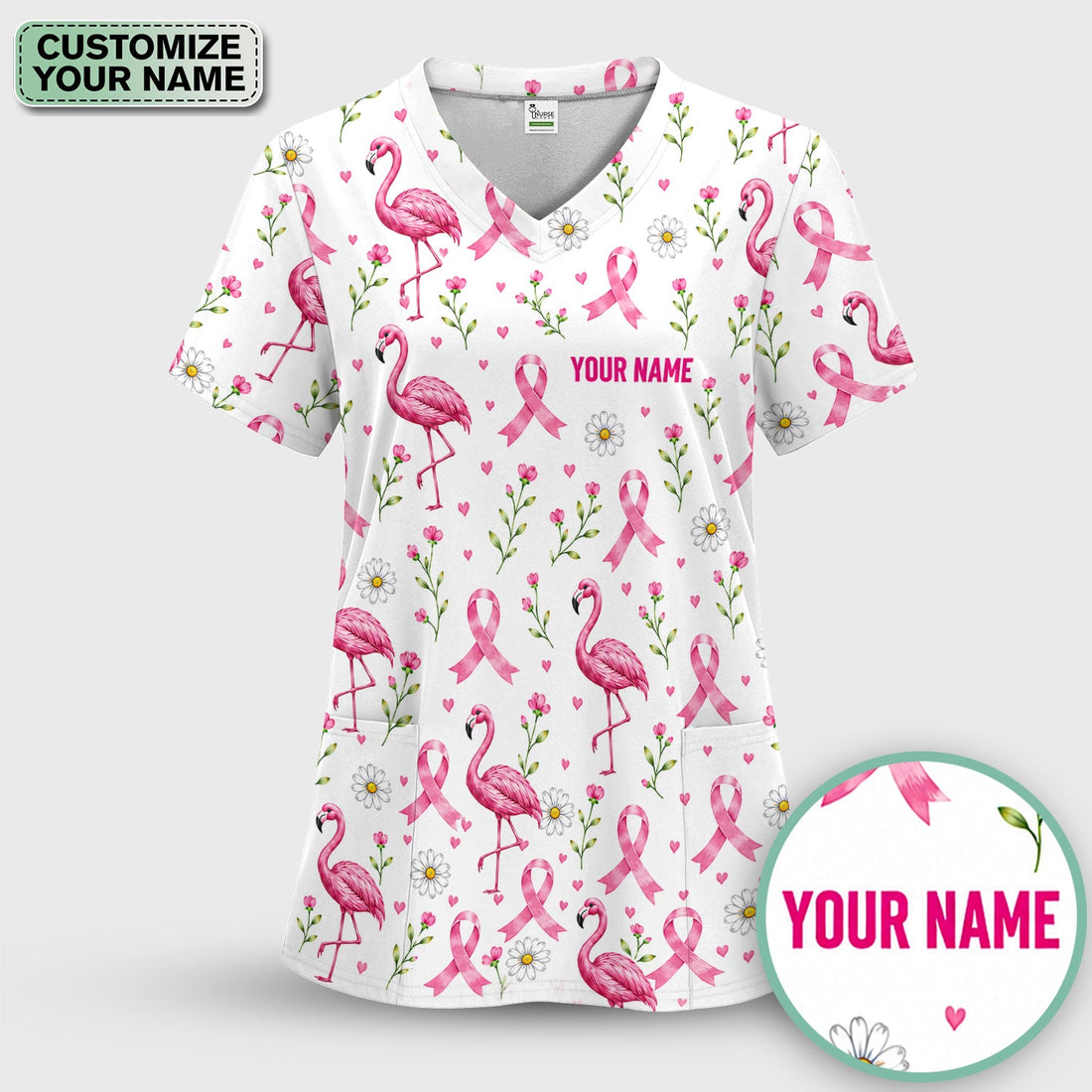 Personalized Flamingo Breast Cancer Nurse Scrub Top
