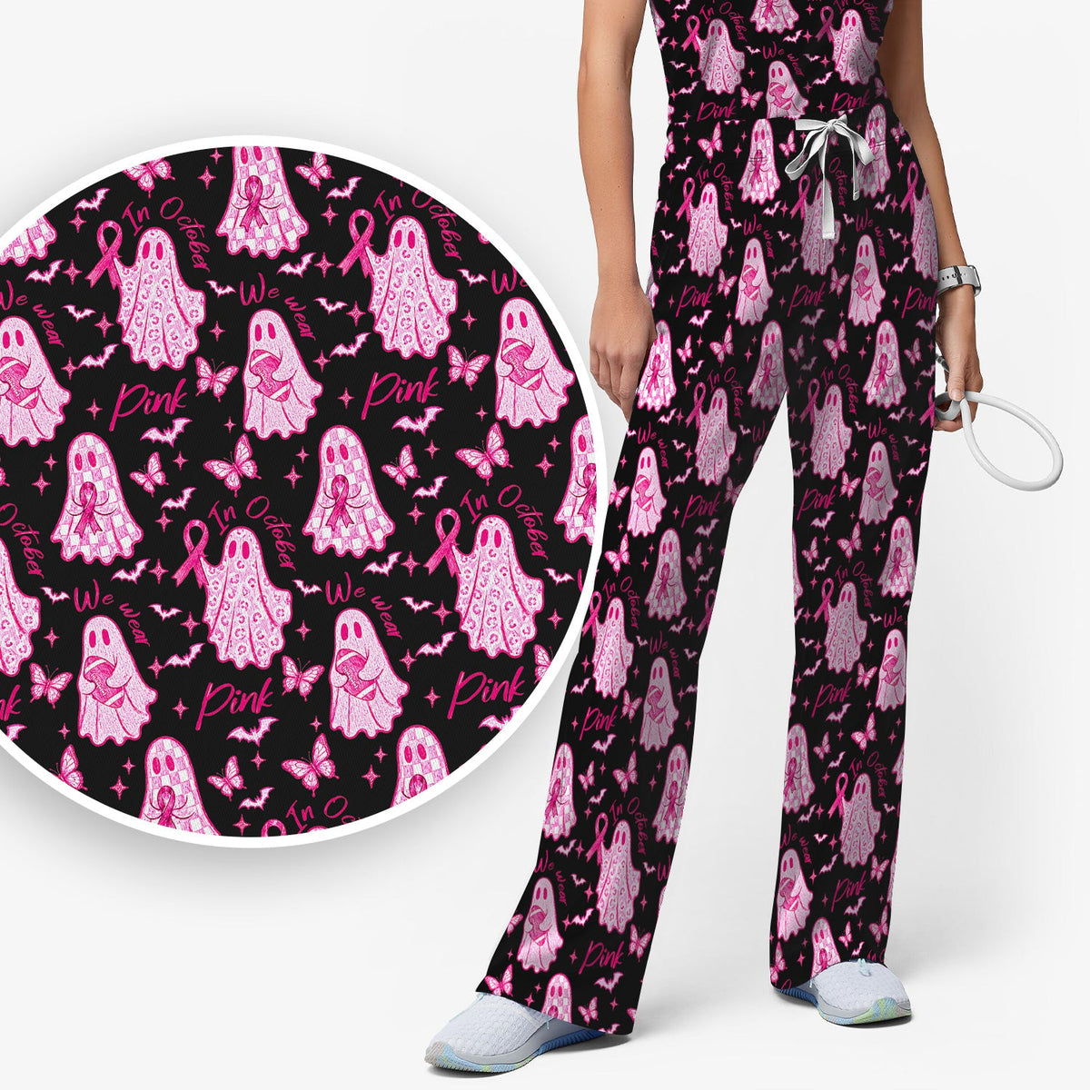 Spooky Pink Ribbon Ghost Nurse Scrub Set