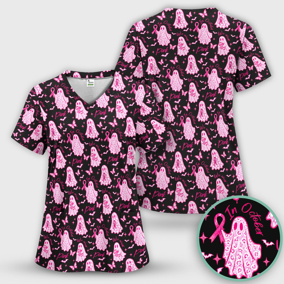 Spooky Pink Ribbon Ghost Nurse Scrub Top