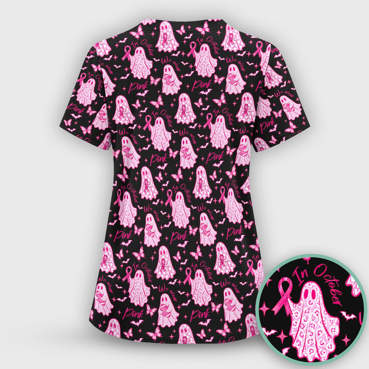 Spooky Pink Ribbon Ghost Nurse Scrub Top