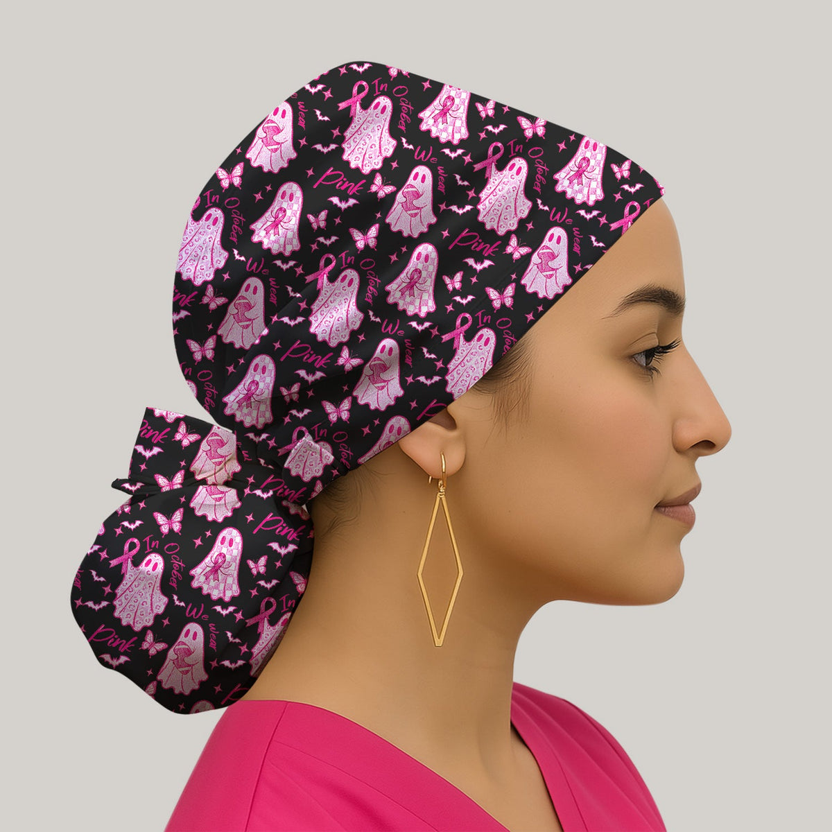 Spooky Pink Ribbon Ghost Scrub Cap