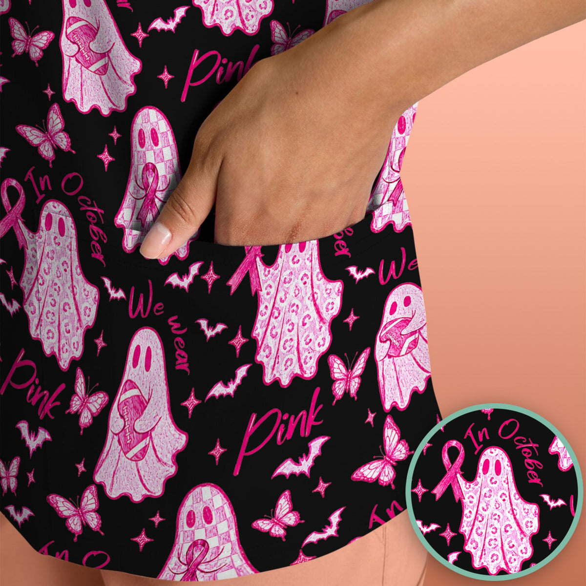 Spooky Pink Ribbon Ghost Nurse Scrub Top