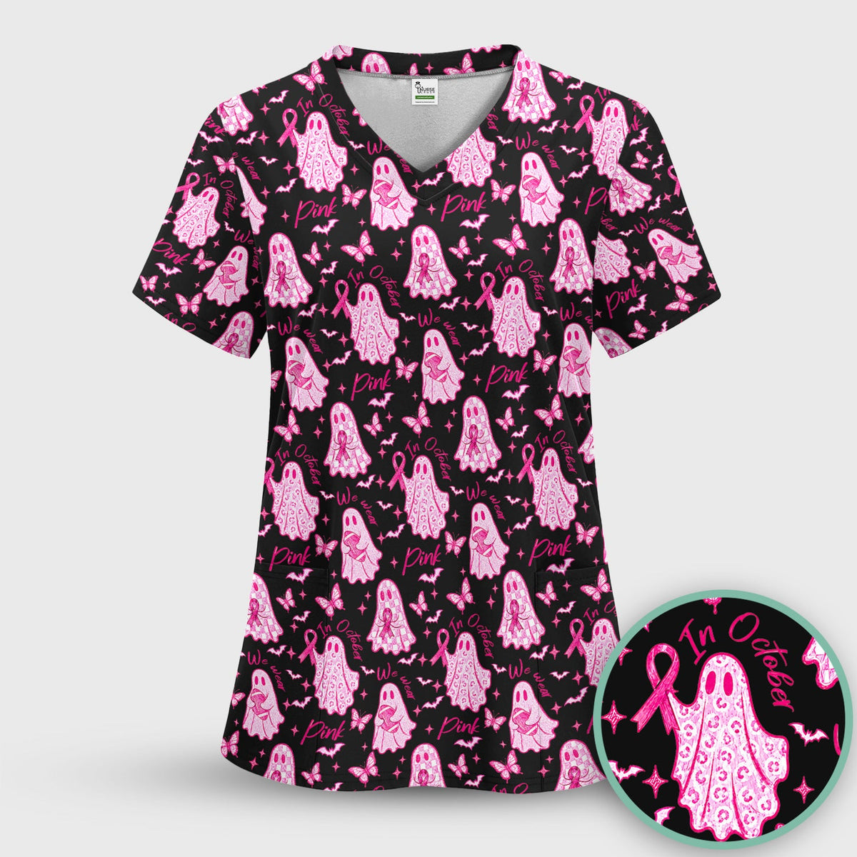 Spooky Pink Ribbon Ghost Nurse Scrub Set