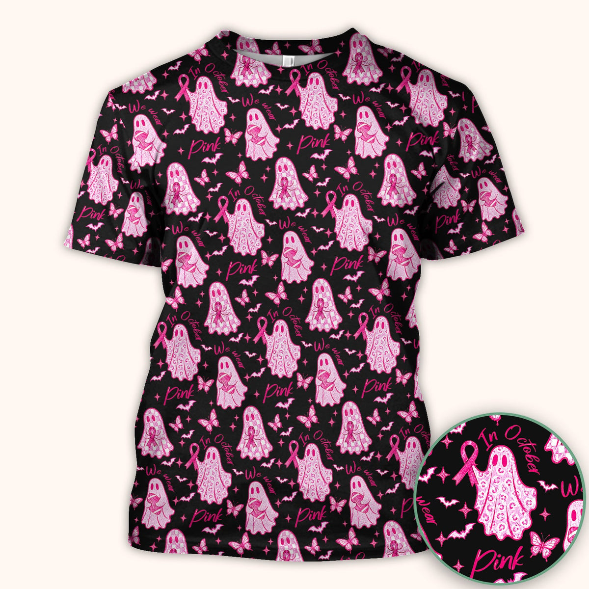 Spooky Pink Ribbon Ghost Nurse Scrub Top