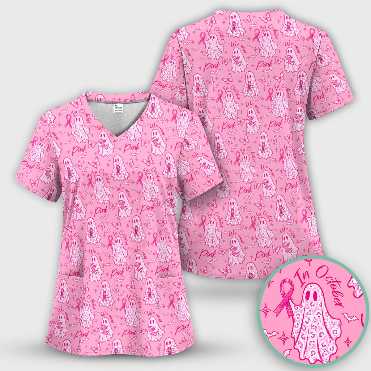 Spooky Pink Ribbon Ghost Nurse Scrub Top