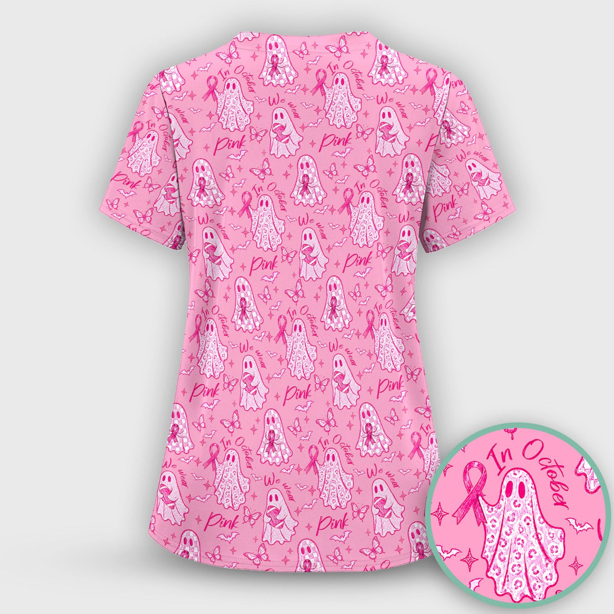 Spooky Pink Ribbon Ghost Nurse Scrub Top