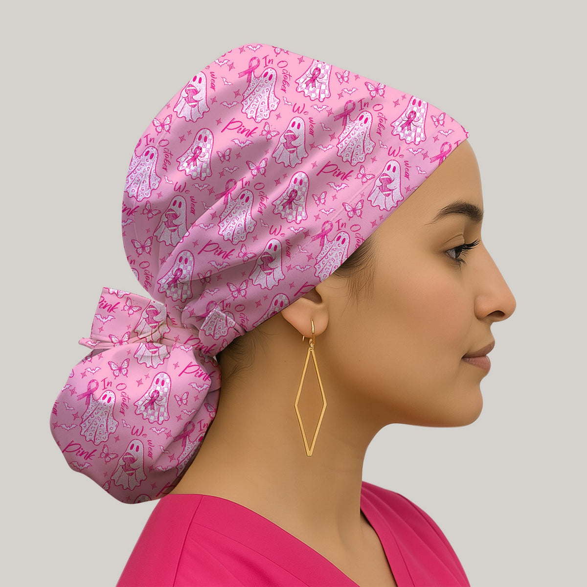 Spooky Pink Ribbon Ghost Scrub Cap