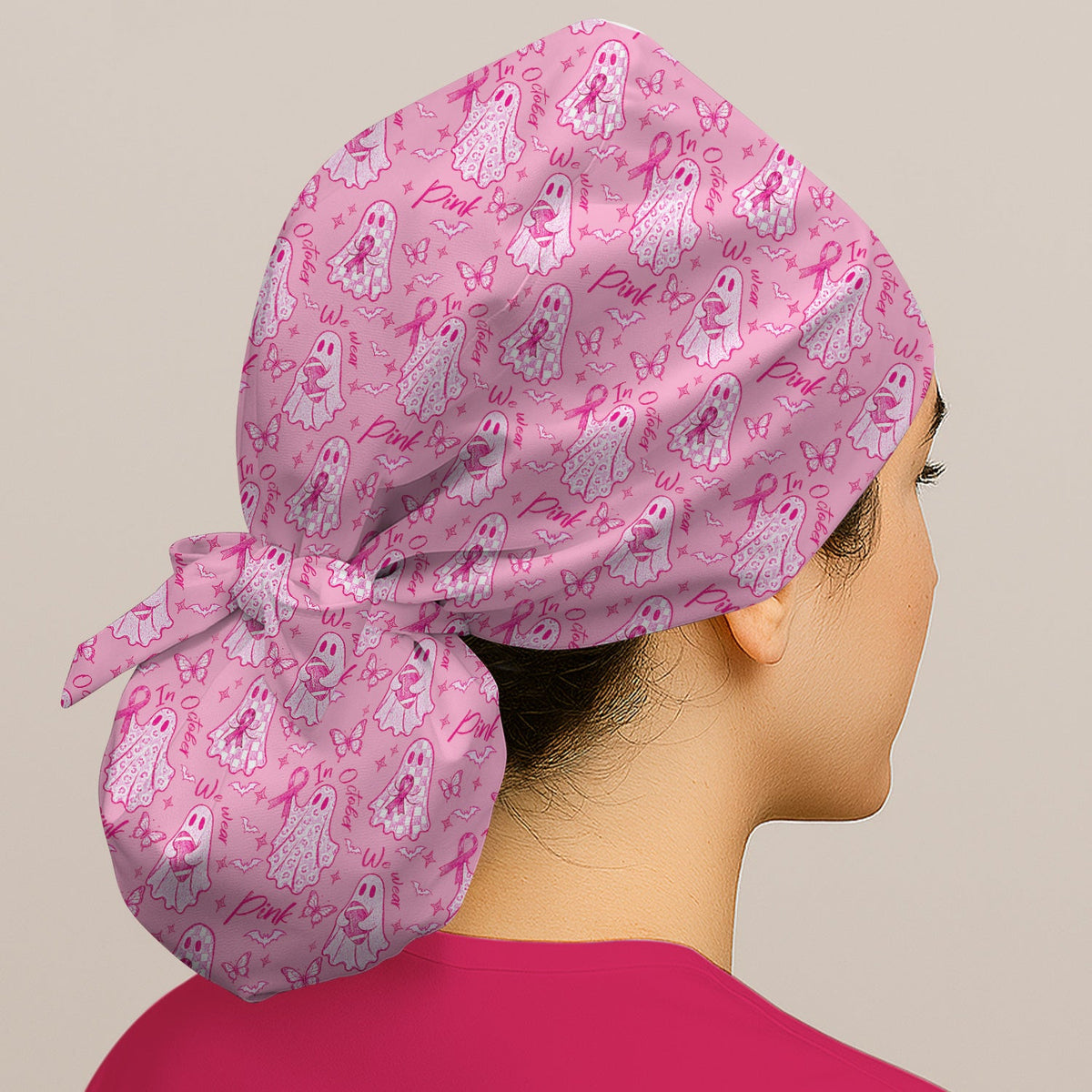 Spooky Pink Ribbon Ghost Scrub Cap