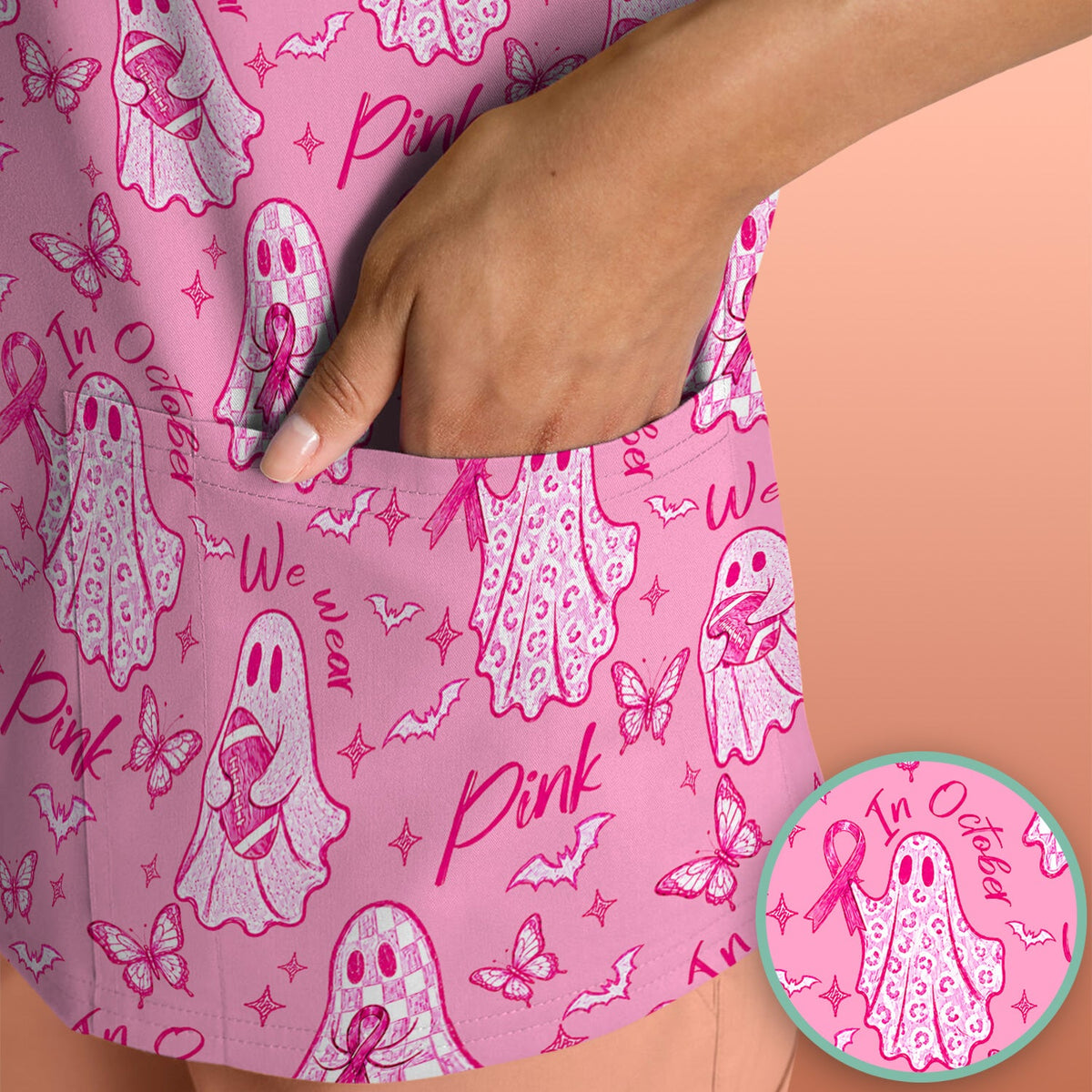 Spooky Pink Ribbon Ghost Nurse Scrub Top