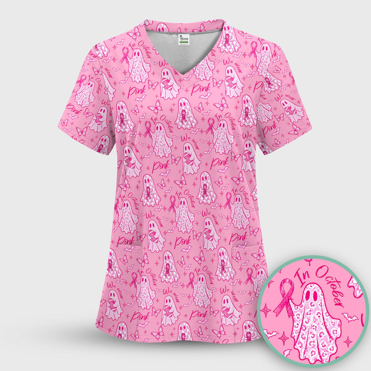 Spooky Pink Ribbon Ghost Nurse Scrub Set