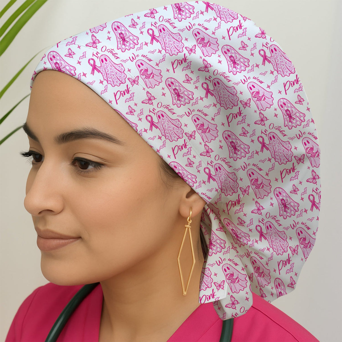 Spooky Pink Ribbon Ghost Scrub Cap