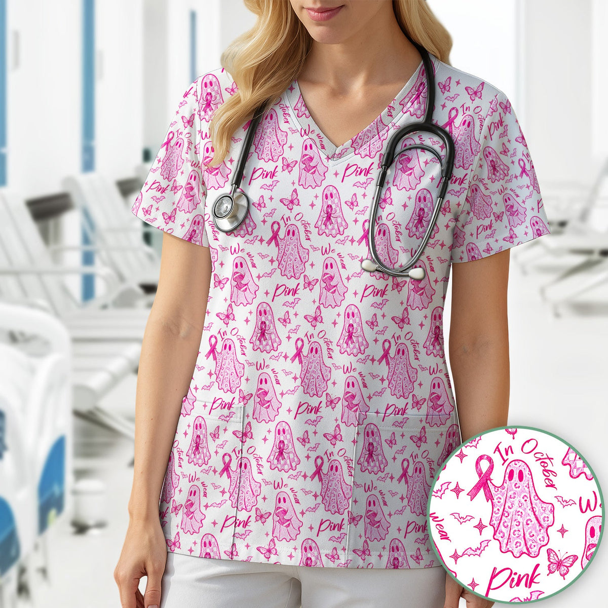 Spooky Pink Ribbon Ghost Nurse Scrub Top