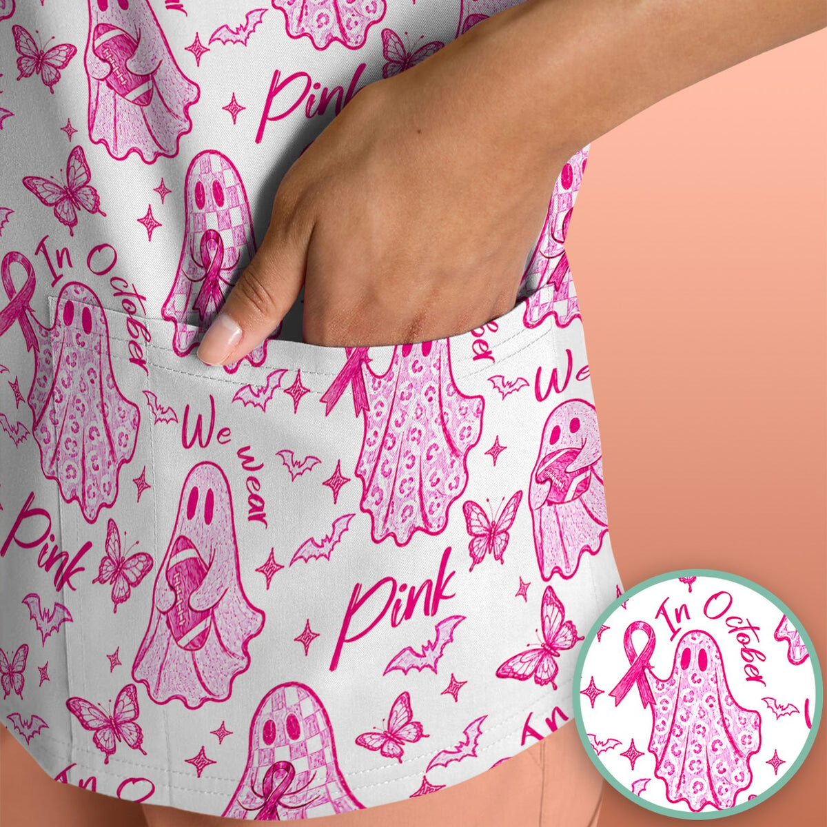 Spooky Pink Ribbon Ghost Nurse Scrub Top