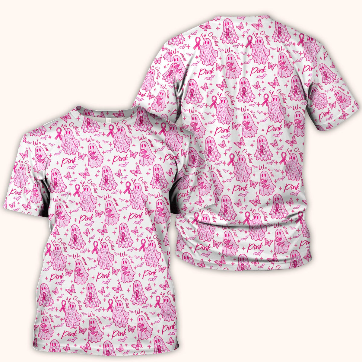 Spooky Pink Ribbon Ghost Nurse Scrub Top