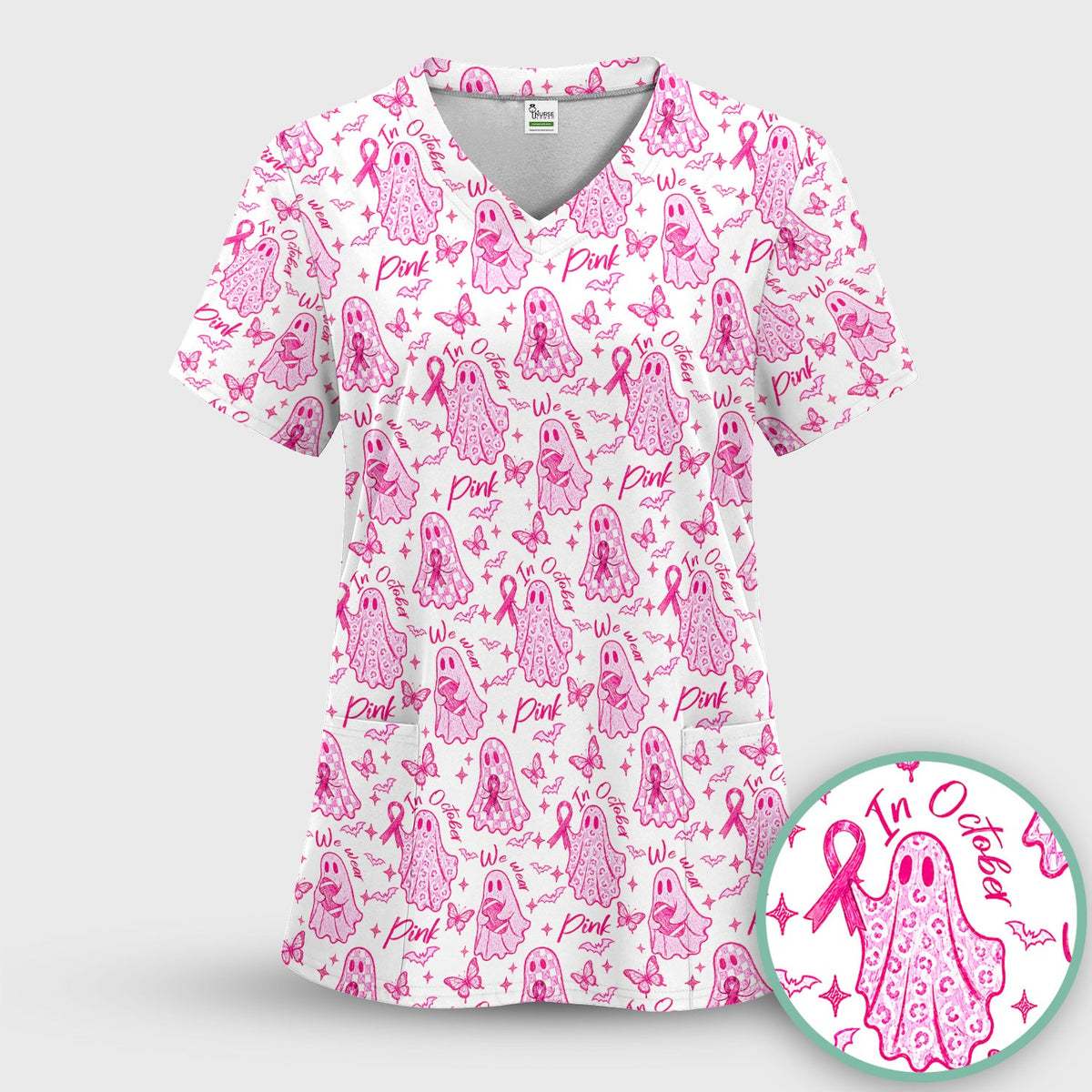 Spooky Pink Ribbon Ghost Nurse Scrub Set