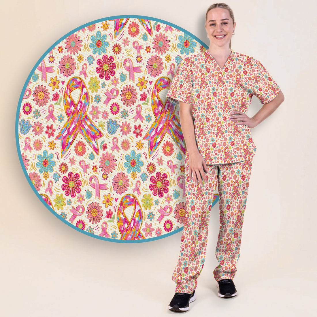 Pink Ribbon Breast Cancer Nurse Scrub Set