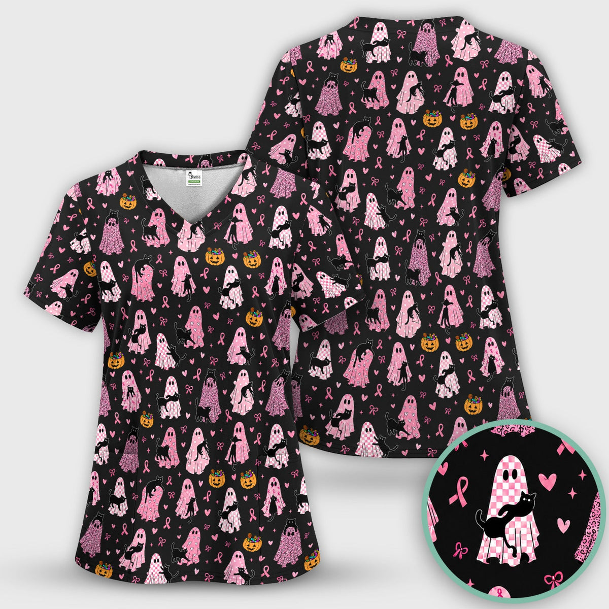 Breast Cancer Awareness Ghost Cat Nurse Scrub Set
