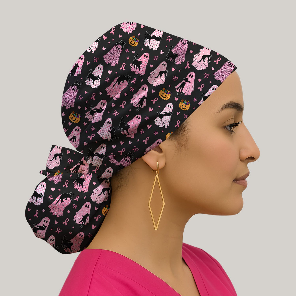 Breast Cancer Awareness Ghost Cat Scrub Cap