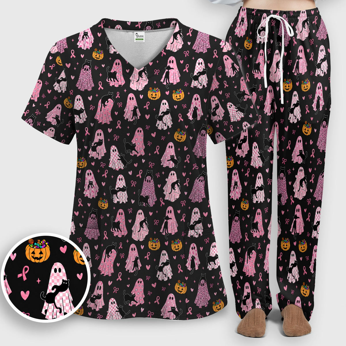 Breast Cancer Awareness Ghost Cat Nurse Scrub Set