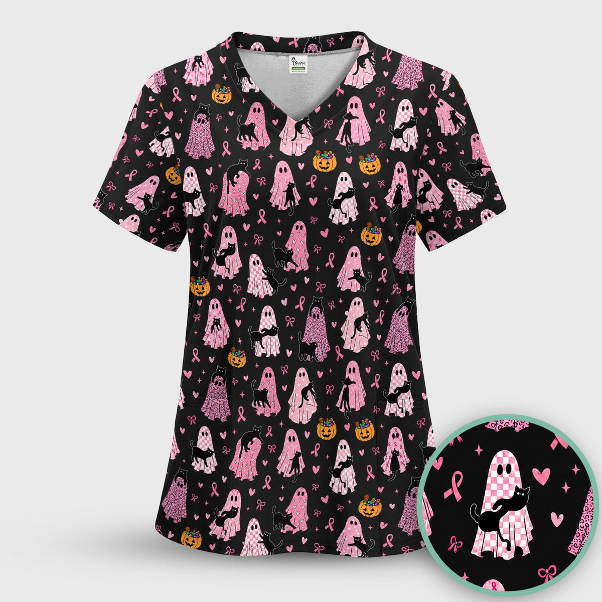 Breast Cancer Awareness Ghost Cat Nurse Scrub Set