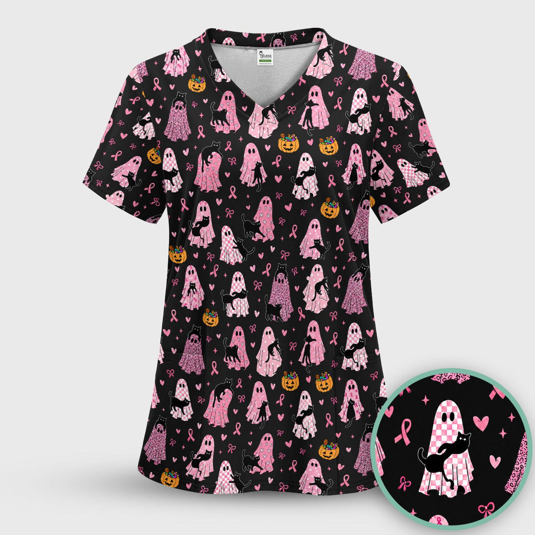 Breast Cancer Awareness Ghost Cat Nurse Scrub Top