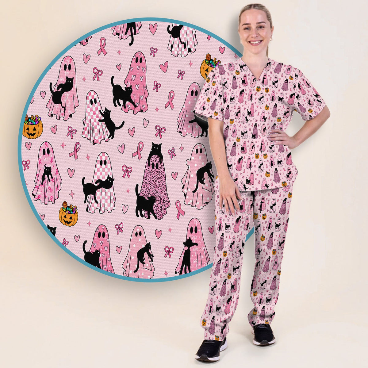 Breast Cancer Awareness Ghost Cat Nurse Scrub Set