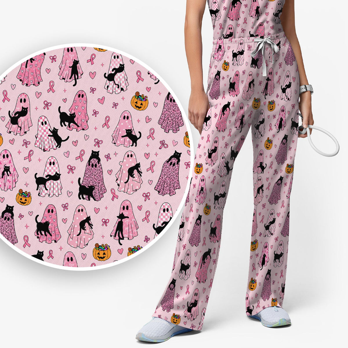 Breast Cancer Awareness Ghost Cat Nurse Scrub Set