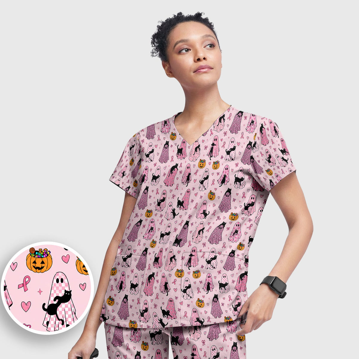 Breast Cancer Awareness Ghost Cat Nurse Scrub Set