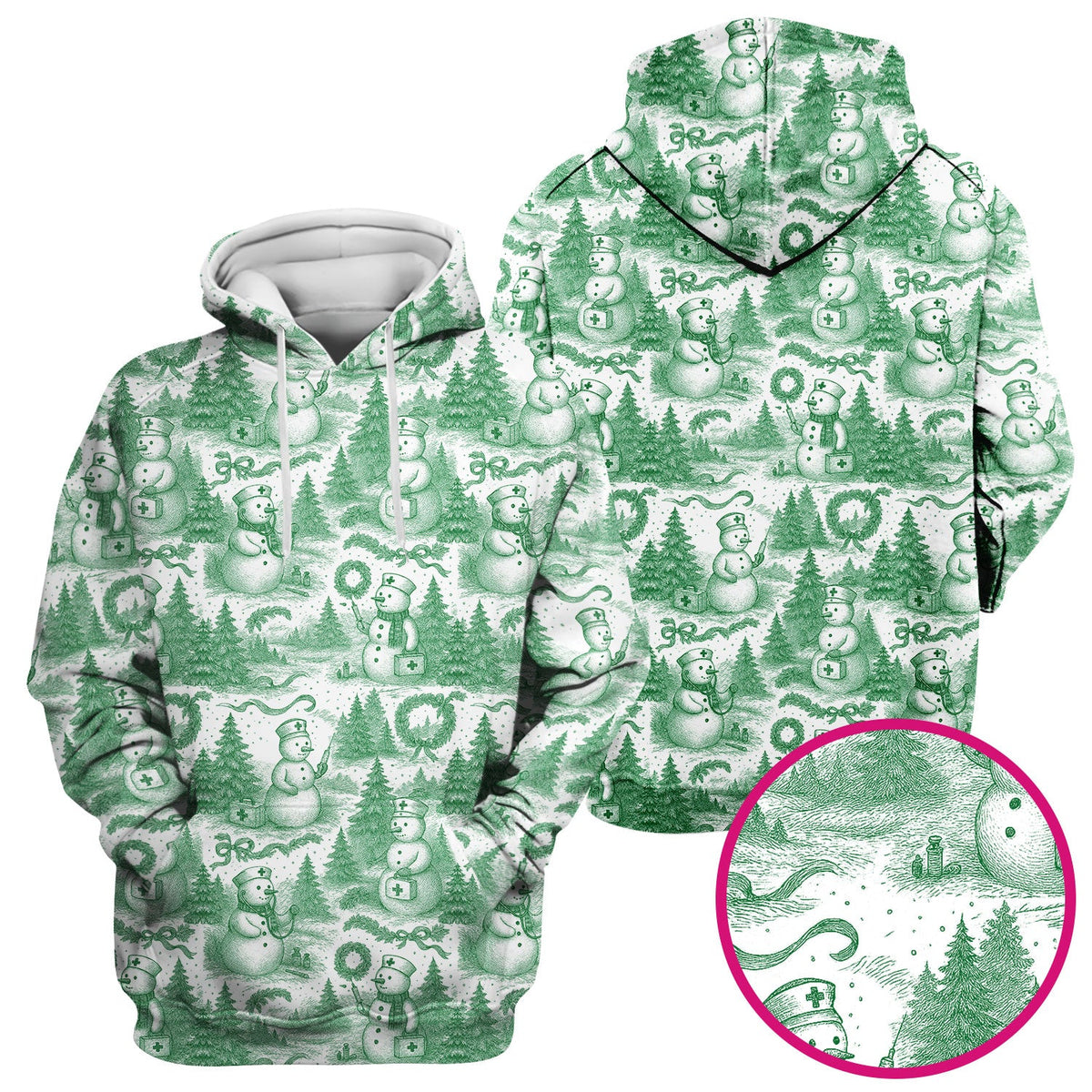 Christmas Scrub Top for Women – Toile de Jouy Snowman and Medical Pattern – Vintage Holiday Nurse Scrubs for Festive Season