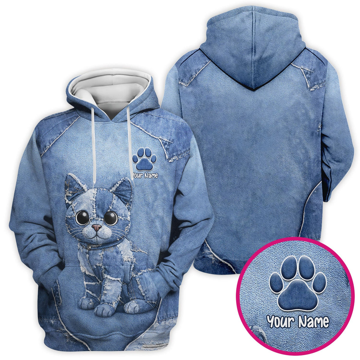 Personalized Patchwork Denim Cat Nurse Scrub Top
