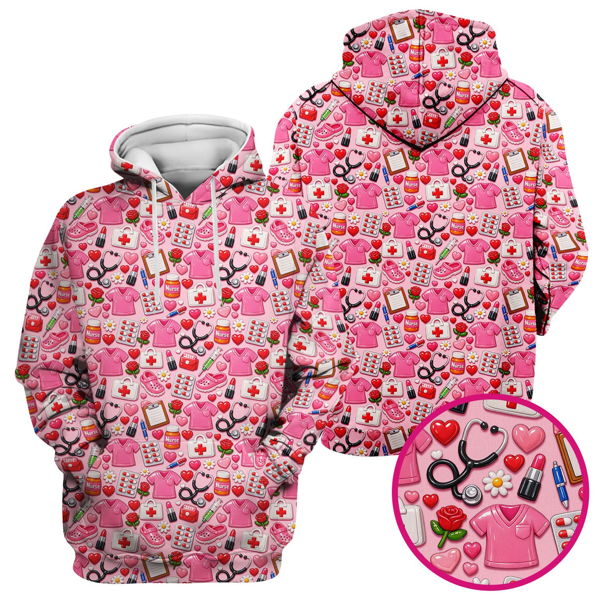 Medical Icons Scrub Top, Cute Pattern Nurse Shirt, Breathable Fabrics Nursing Uniform