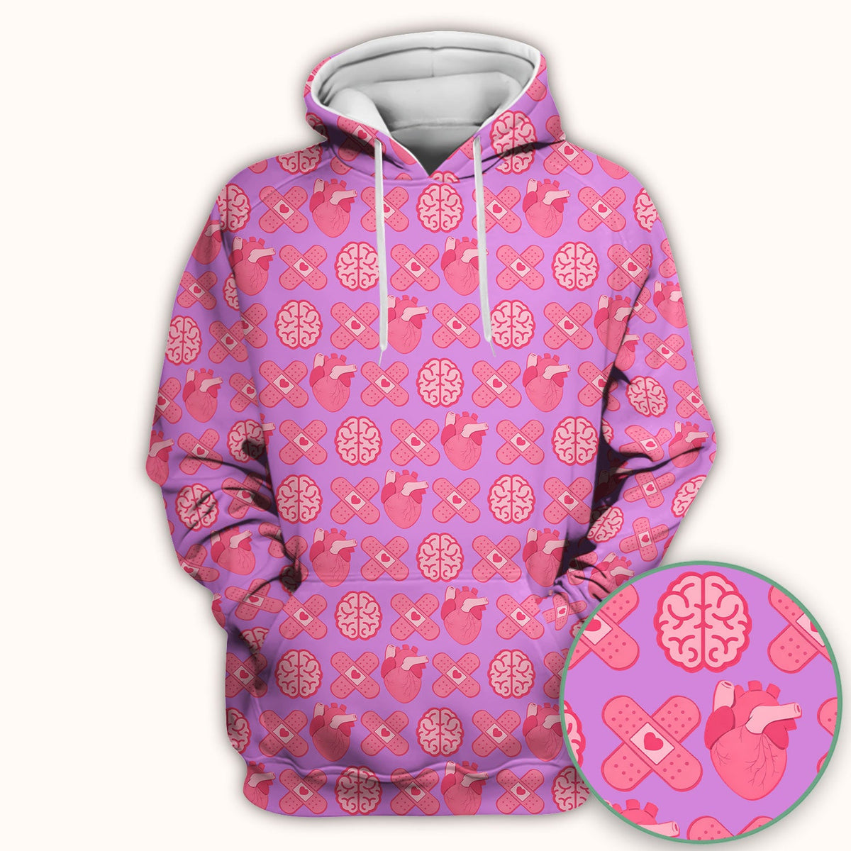 Heart & Brain Medical Icon Pattern Scrub Top, Breathable Fabrics Nursing Uniform