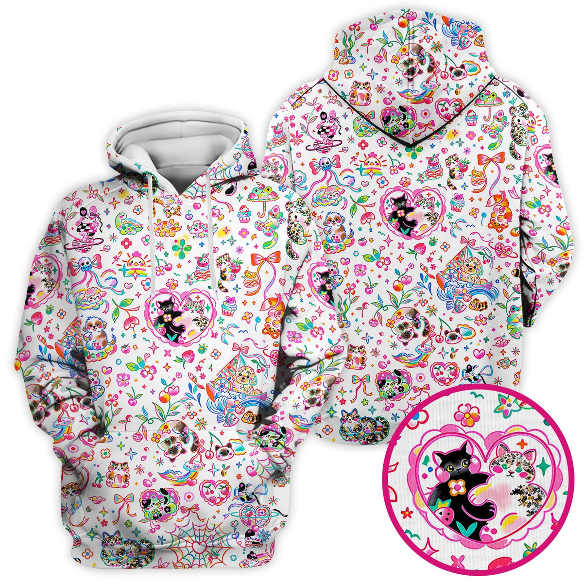Colorful Kawaii Cat Heart Doodle Pattern Scrub Top, Comfortable Scrubs for Nurses