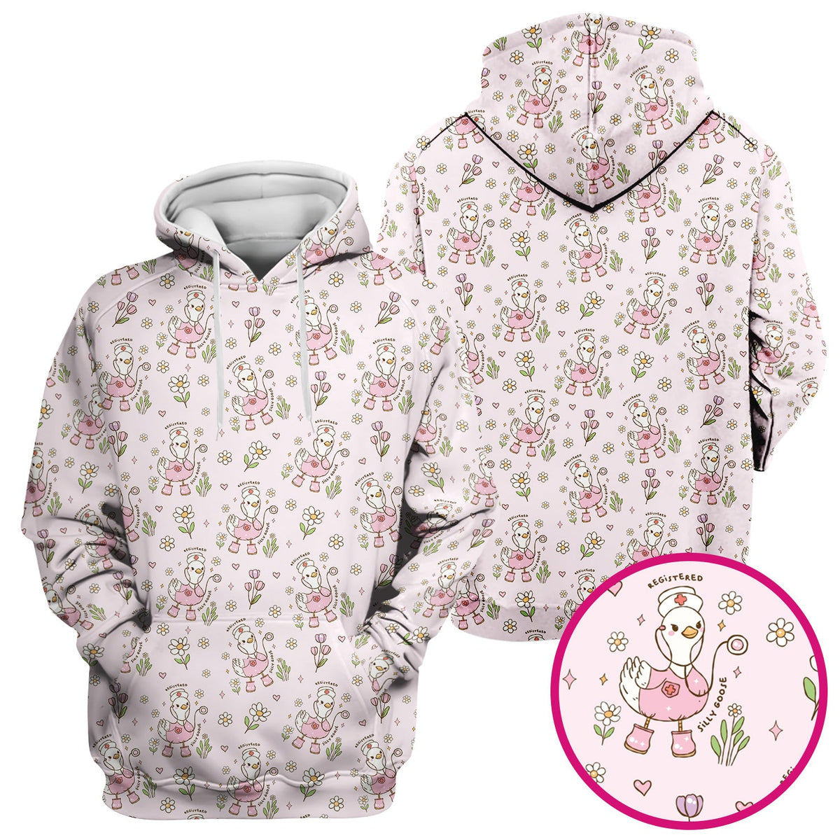 Funny Nurse Goose Daisy Print Scrub Top, Breathable Fabrics Nursing Uniform