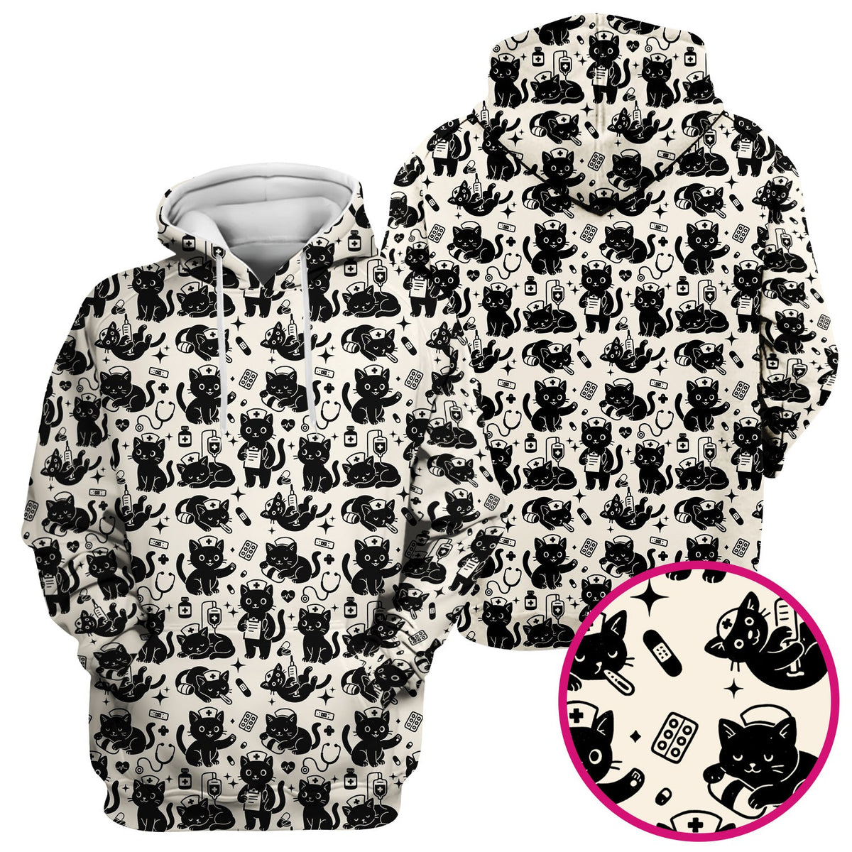 Cute Black Cat Nurse Pattern Scrub Top, Breathable Fabrics Nursing Uniform