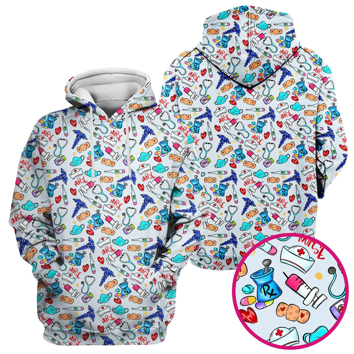 Nurse Medical Icons Stethoscope Heart Pattern Scrub Top, Comfortable Scrubs for Nurses
