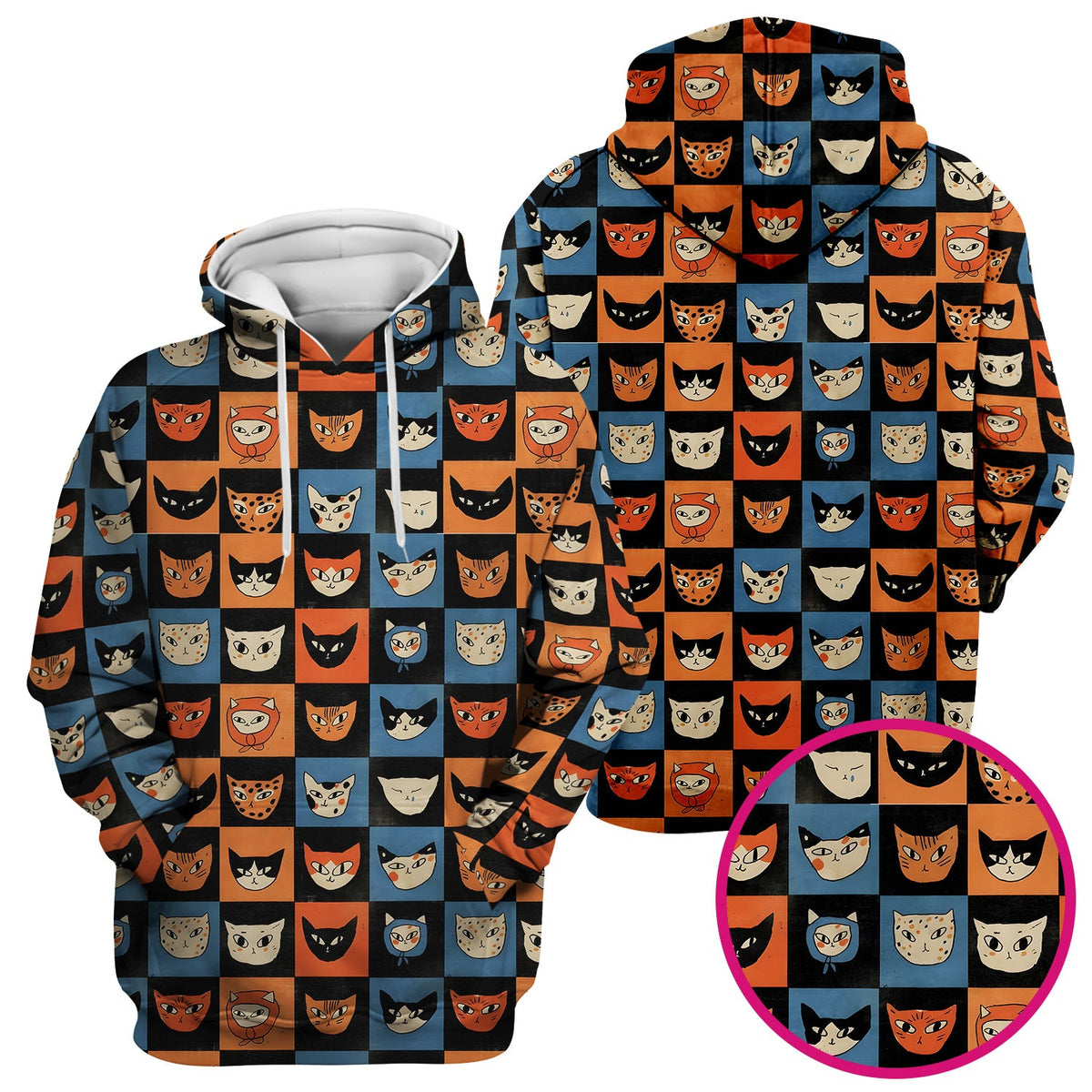 Cute Retro Cat Faces Checkerboard Print Scrub Top, Comfortable Scrubs For Nurses