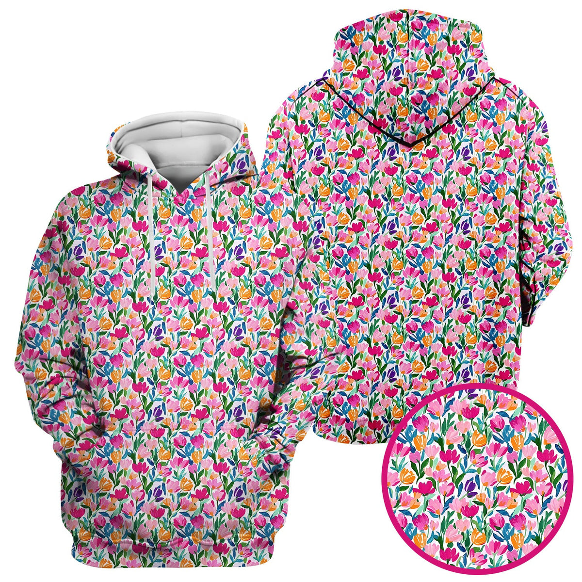 Vibrant Tulip Meadow Pattern Scrub Top, Breathable Fabrics Nursing Uniform