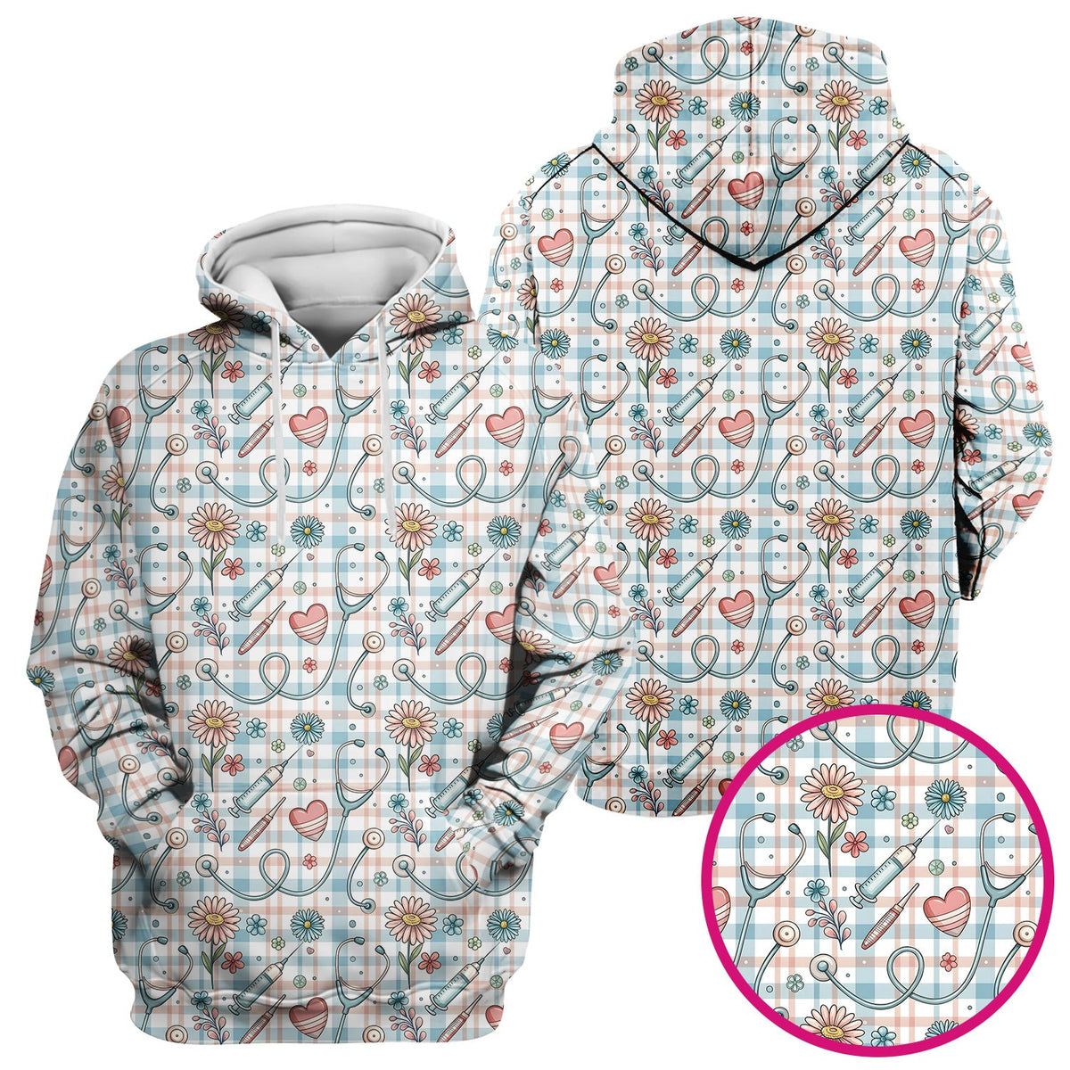 Stethoscope Heart Syringe Floral Plaid Nurse Scrub Top