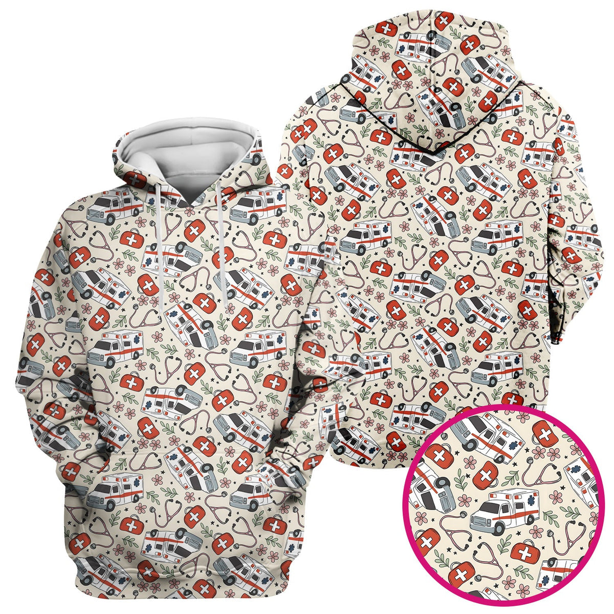 Ambulance Stethoscope First Aid Floral Nurse Scrub Top